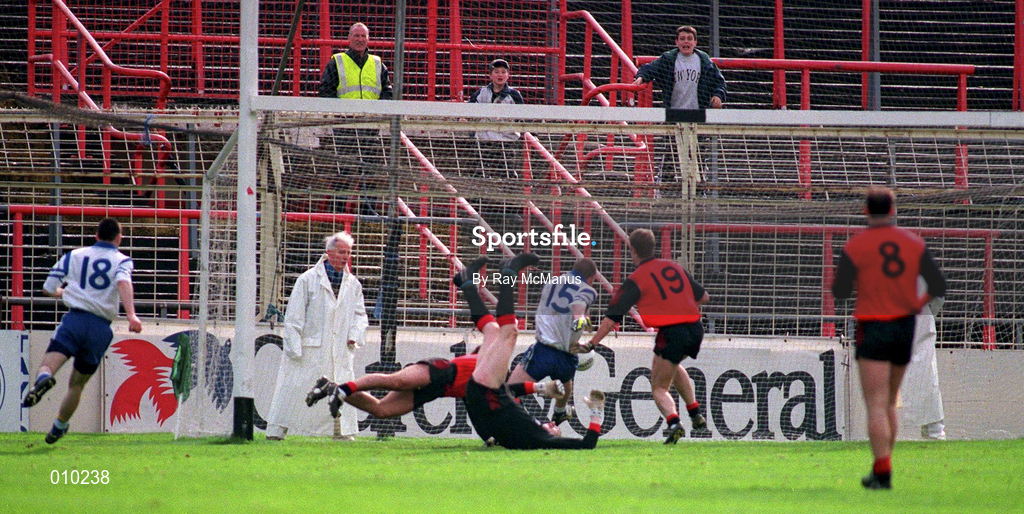 5 April 1998; Stephen McGinnity of Monaghan scores the match winning goal during the Church & General National Football League quarter-final match between Down and Monaghan at Croke Park in Dublin. Photo by Ray McManus/Sportsfile
