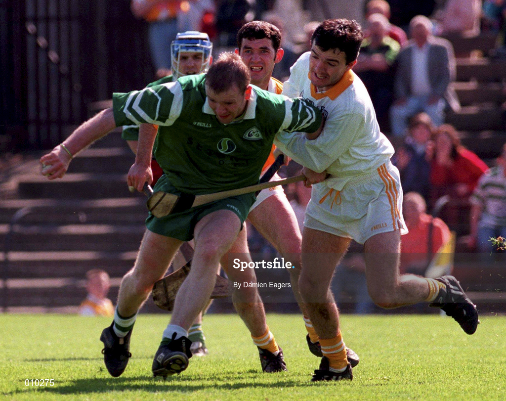 14 June 1998; Eoin Quaine of London in action against Shane Elliot of Antrim during the Guinness Ulster Senior Hurling Championship semi-final match between Antrim and London at Casement Park in Belfast. Photo by Damien Eagers/Sportsfile