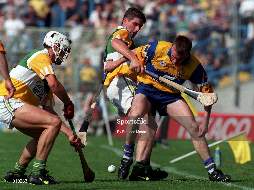 9 August 1998;  Fergus Tuohy of Clare in action against Michael Duignan of Offaly during the Guinness All-Ireland Senior Hurling Championship semi-final match between Offaly and Clare at Croke Park in Dublin. Photo by Brendan Moran/Sportsfile