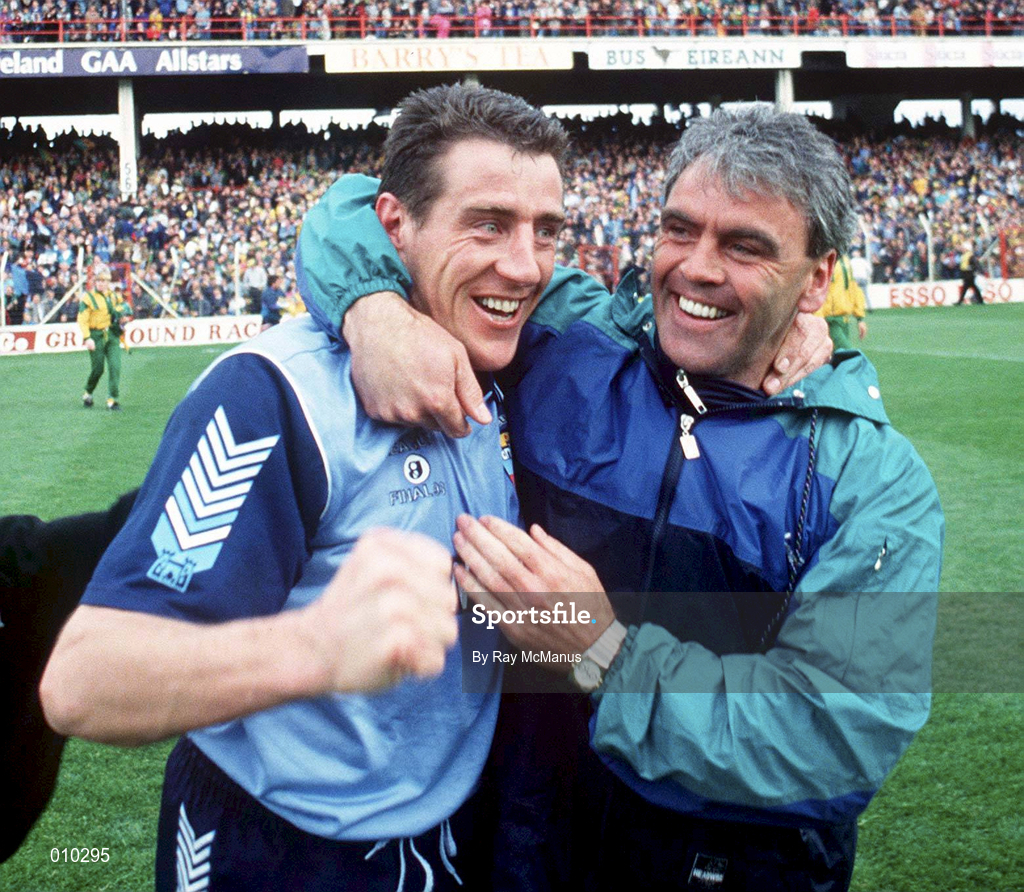 9 May 1993; Jack Sheedy, left, and Fran Ryder of Dublin celebrate their victory in the Royal Liver Assurance National Football League Final Replay match between Dublin and Donegal at Croke Park in Dublin. Photo by Ray McManus/Sportsfile