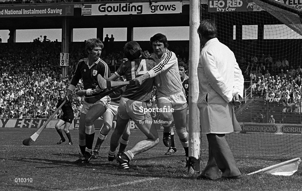 16 August 1981; Michael Connelly of Galway under pressure from Joe McKenna of Limerick during the All-Ireland Senior Hurling Championship semi-final replay match between Galway and Limerick at Croke Park in Dublin. Photo by Ray McManus/Sportsfile