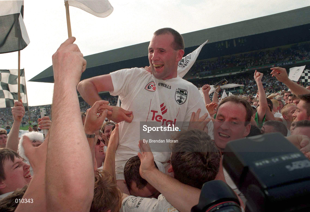 30 August 1998; Kildare captain Glenn Ryan celebrates with supporters after the All-Ireland Senior Football Championship Semi-Final match between Kildare and Kerry at Croke Park in Dublin. Photo by Brendan Moran/Sportsfile
