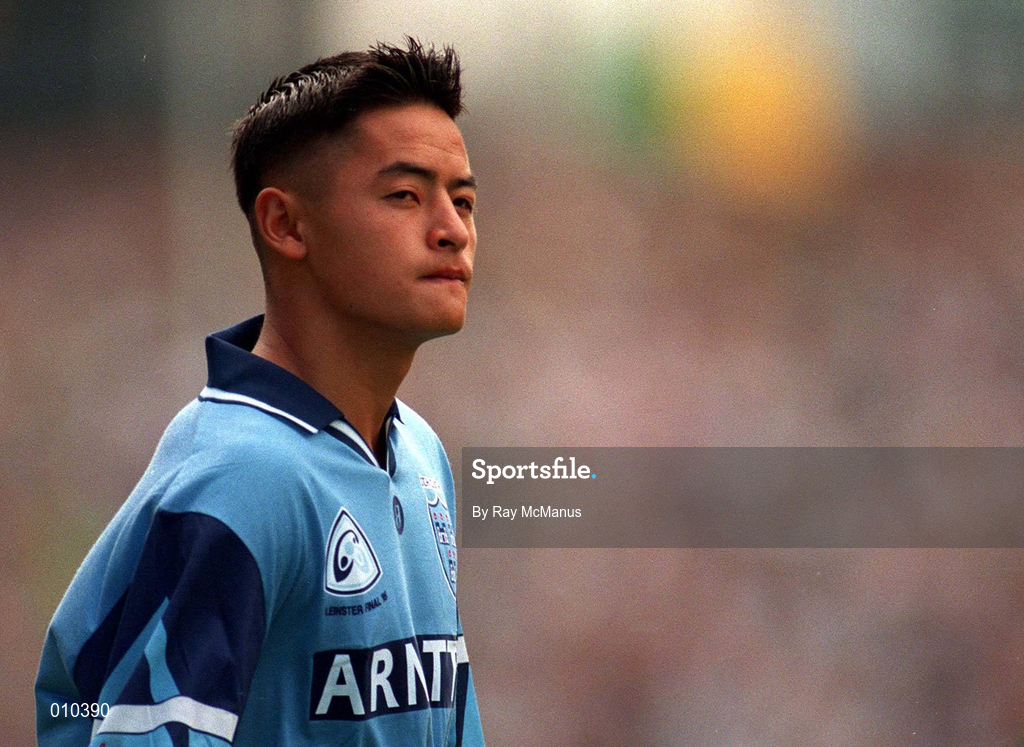 30 July 1995; Jason Sherlock of Dublin looks up to Hill 16 during the parade ahead of the Bank of Ireland Leinster Senior Football Championship Final match between Dublin and Meath at Croke Park in Dublin. Photo by Ray McManus/Sportsfile