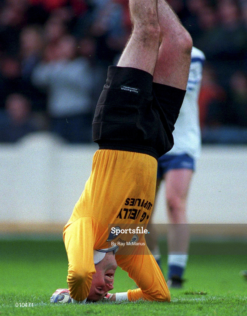 5 April 1998; Monaghan goalkeeper John O'Connor celebrates his side's victory in the Church & General National Football League quarter-final match between Down and Monaghan at Croke Park in Dublin. Photo by Ray McManus/Sportsfile