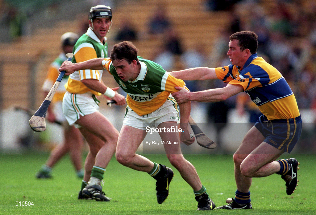 23 August 1998; Johnny Pilkington of Offaly in action against Brian Quinn of Clare during the Guinness All-Ireland Senior Hurling Championship semi-final replay match between Offaly and Clare at Croke Park in Dublin. Photo by Ray McManus/Sportsfile