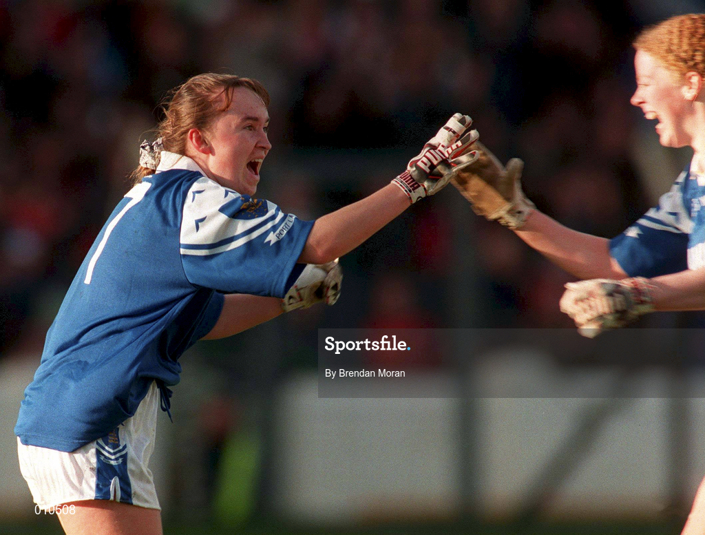 25 October 1998; Julieann Torpey, left, celebrates her goal with Waterford team-mate Geraldine O'Ryan during the All-Ireland Senior Ladies Football Championship Final replay match between Monaghan and Waterford at Croke Park in Dublin. Photo by Brendan Moran/Sportsfile