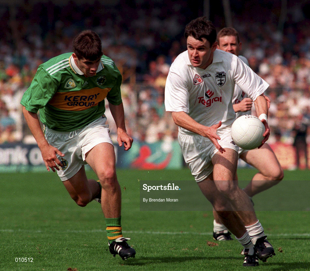 30 August 1998; Karl O'Dwyer of Kildare in action against Eamonn Fitzmaurice of Kerry during the Bank of Ireland All-Ireland Senior Football Championship Semi-Final match between Kildare and Kerry at Croke Park in Dublin.    Photo by Brendan Moran/Sportsfile