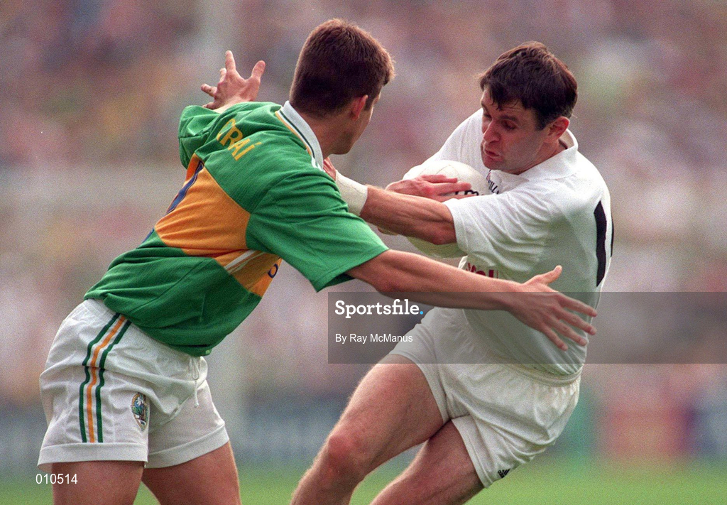 30 August 1998; Karl O'Dwyer of Kildare in action against Eamonn Fitzmaurice of Kerry during the All-Ireland Senior Football Championship Semi-Final match between Kildare and Kerry at Croke Park in Dublin. Photo by Ray McManus/Sportsfile