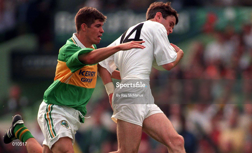 30 August 1998; Karl O'Dwyer of Kildare in action against Eamonn Fitzmaurice of Kerry during the All-Ireland Senior Football Championship Semi-Final match between Kildare and Kerry at Croke Park in Dublin. Photo by Ray McManus/Sportsfile