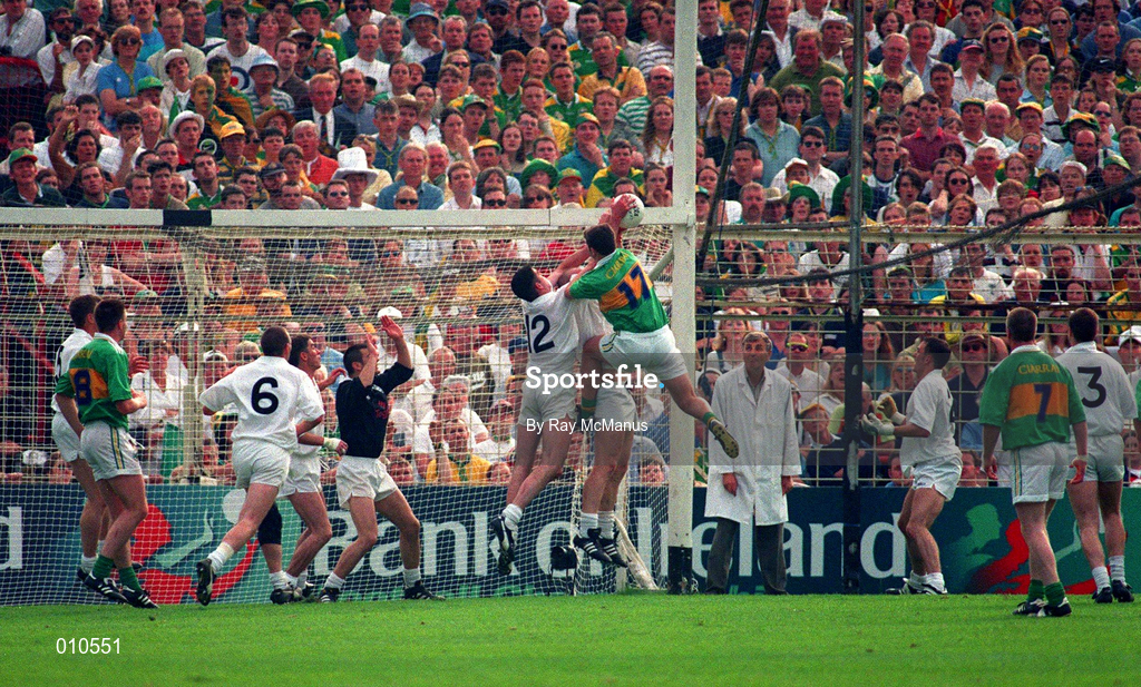 30 August 1998; Dennis O'Dwyer of Kerry punches the ball out of the hands of Davy Dalton of Kildare and into the net during the All-Ireland Senior Football Championship Semi-Final match between Kildare and Kerry at Croke Park in Dublin. Photo by Ray McManus/Sportsfile