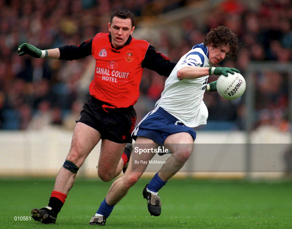 5 April 1998; Mark Daly of Monaghan in action against Michael Magill of Down during the Church & General National Football League quarter-final match between Down and Monaghan at Croke Park in Dublin. Photo by Ray McManus/Sportsfile