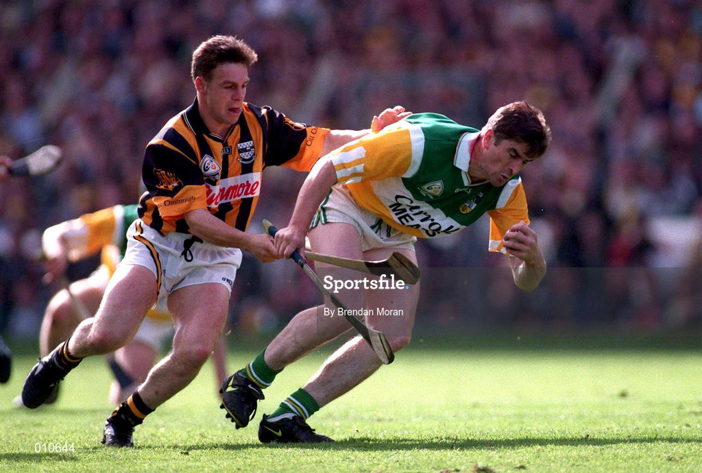 13 September 1998; Michael Duignan of Offaly in action against Charlie Carter of Kilkenny during the Guinness All-Ireland Senior Hurling Championship Final match between Offaly and Kilkenny at Croke Park in Dublin. Photo by Brendan Moran/Sportsfile