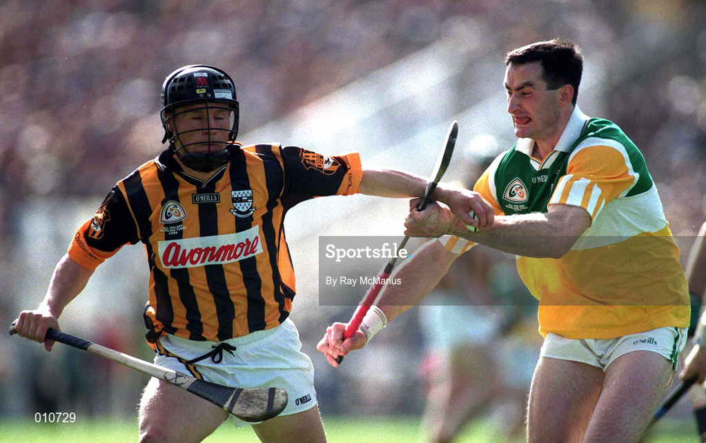 13 September 1998; PJ Delaney of Kilkenny in action against Kevin Kinahan of Offaly during the Guinness All-Ireland Senior Hurling Championship Final match between Offaly and Kilkenny at Croke Park in Dublin. Photo by Brendan Moran/Sportsfile
