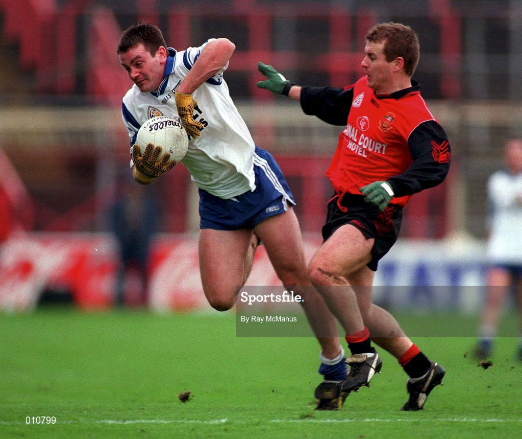 5 April 1998; Padraig McShane of Monaghan in action against James McCartan of Down during the Church & General National Football League quarter-final match between Down and Monaghan at Croke Park in Dublin. Photo by Ray McManus/Sportsfile
