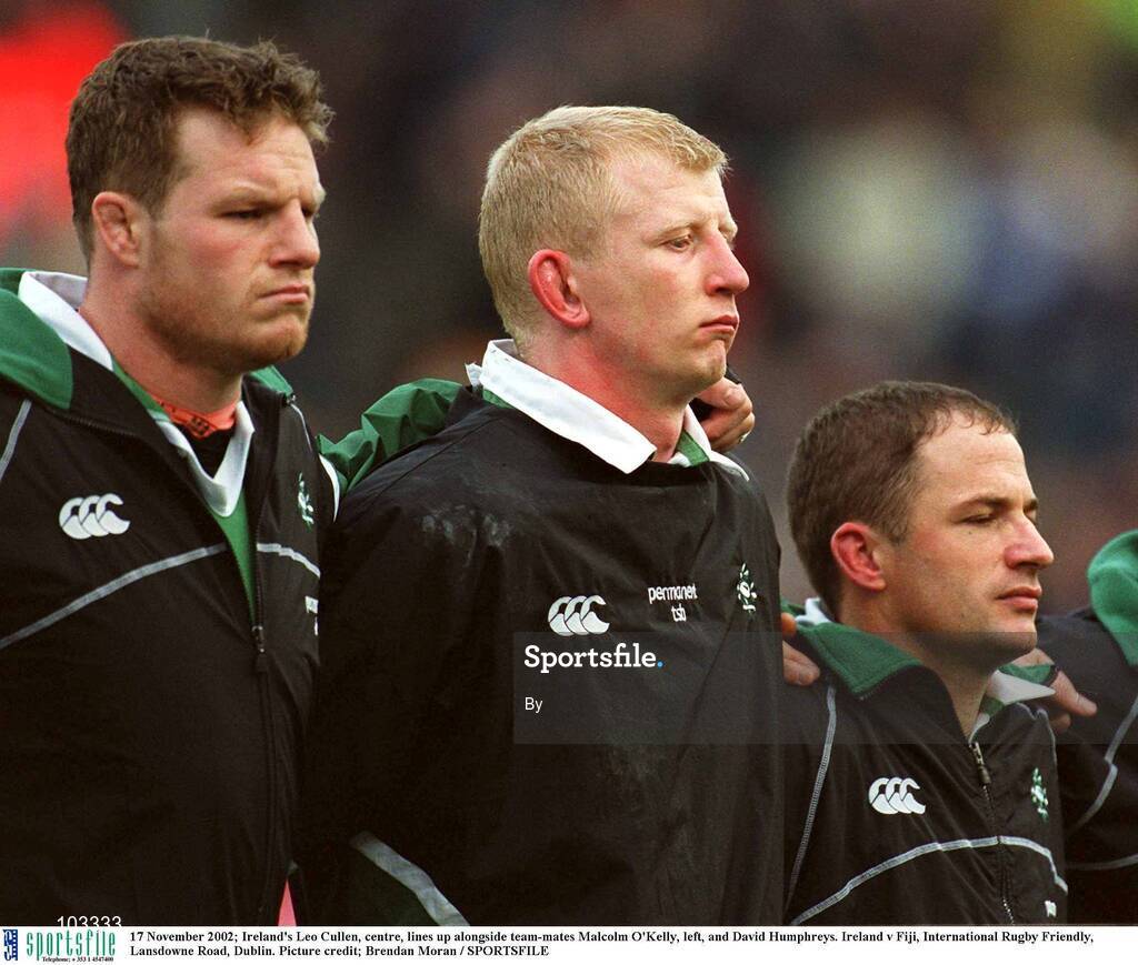17 November 2002; Ireland's Leo Cullen, centre, lines up alongside team-mates Malcolm O'Kelly, left, and David Humphreys. Ireland v Fiji, International Rugby Friendly, Lansdowne Road, Dublin. Picture credit; Brendan Moran / SPORTSFILE