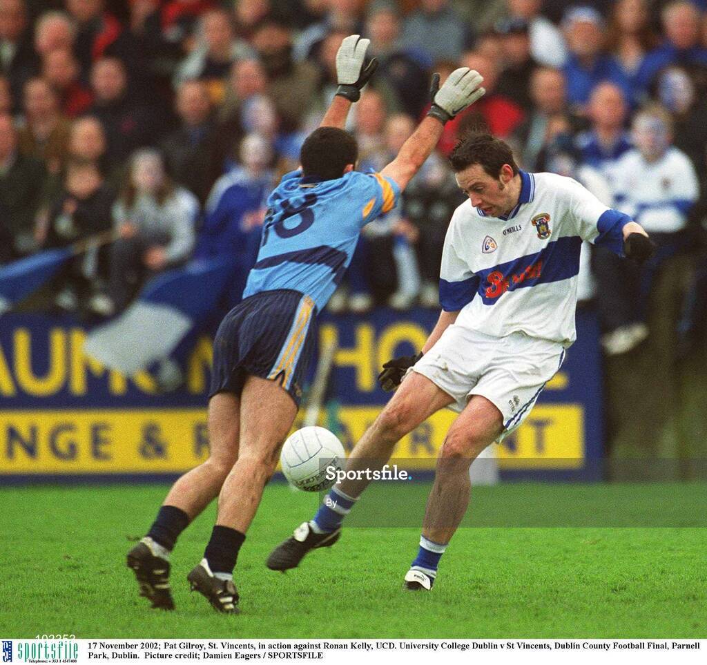17 November 2002; Pat Gilroy, St. Vincents, in action against Ronan Kelly, UCD. University College Dublin v St Vincents, Dublin County Football Final, Parnell Park, Dublin.  Picture credit; Damien Eagers / SPORTSFILE