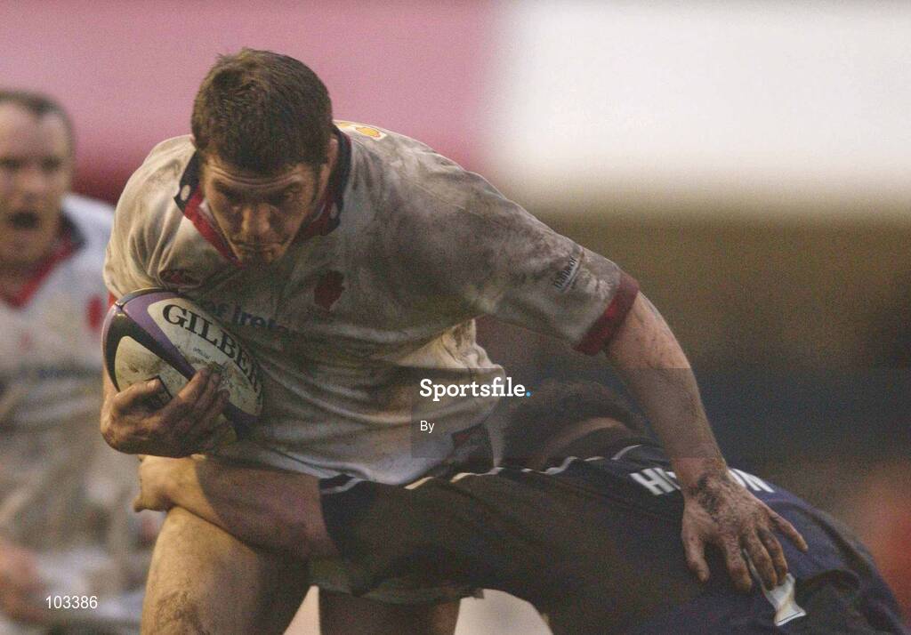 30 November 2002; Tony McWhirter, Ulster, is tackled by David Hilton, Glasgow. Celtic League Quarter Final, Glasgow v Ulster, Hughenden, Glasgow, Scotland. Rugby. Picture credit; Brendan Moran / SPORTSFILE *EDI*