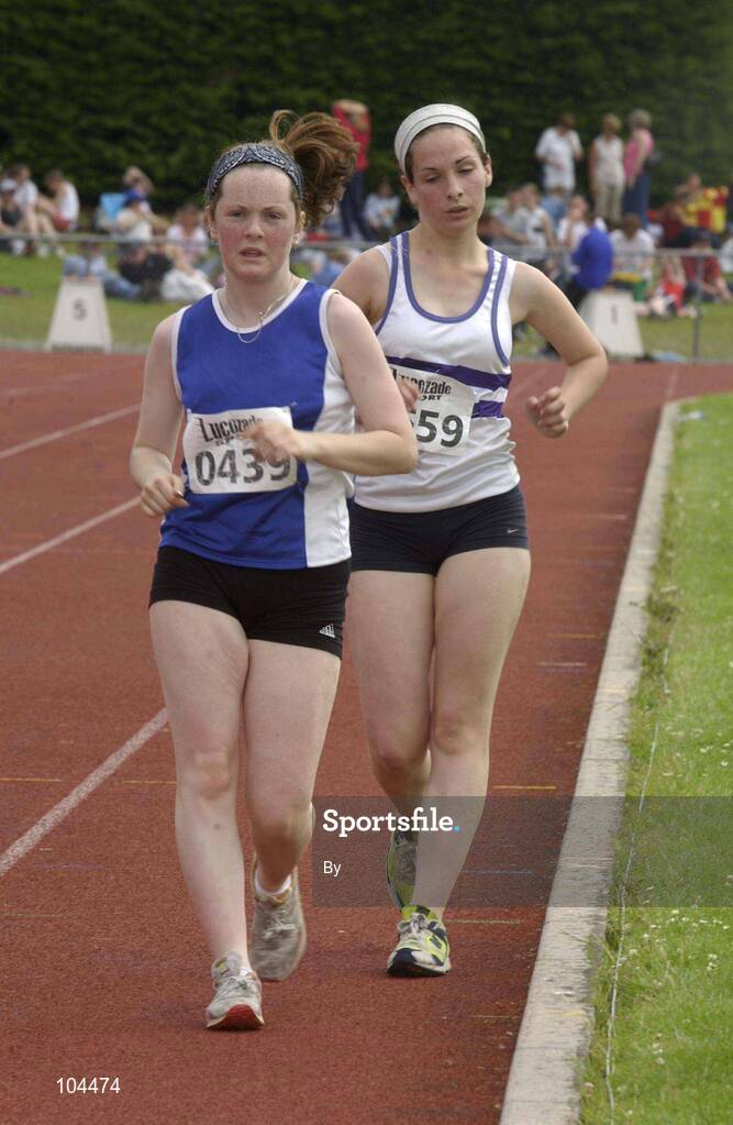 27th July 2002; The Silver Medal winner Claire Byrne, (0439), Hacketstown, Co. Carlow, during the U.18 3,000m Final at the Lucozade Sport AAI Juvenile Track & Field Championship of Ireland 2002, Tullamore Harriers Stadium, Tullamore, Co. Offaly. Athletics. Picture credit; Ray McManus / SPORTSFILE *EDI*