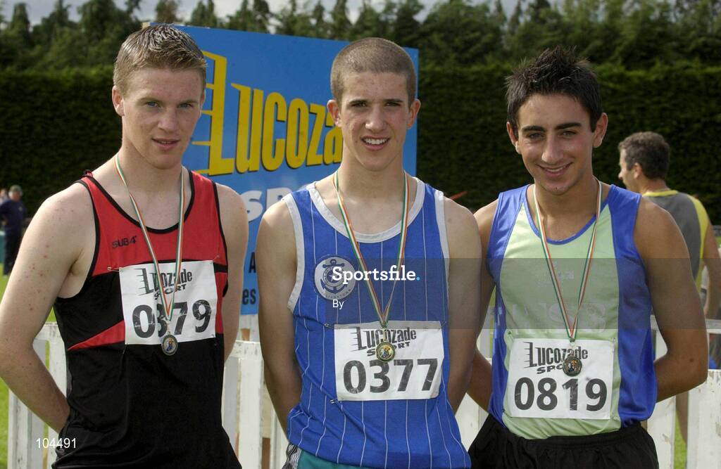 27th July 2002; Winner of the U.17 800m final Colin Costello, 0377, Julianstown, with Silver medallist Des Earls and Bronze medallist,  Craig Delavari, 0819, at the Lucozade Sport AAI Juvenile Track & Field Championship of Ireland 2002, Tullamore Harriers Stadium, Tullamore, Co. Offaly. Athletics. Picture credit; Ray McManus / SPORTSFILE *EDI*