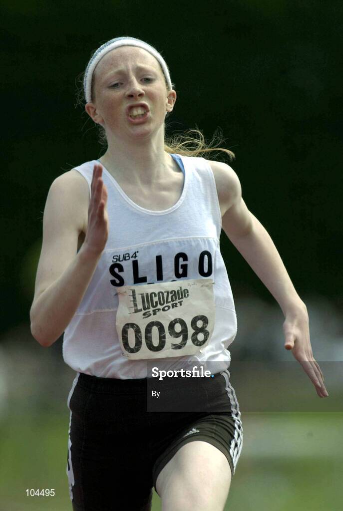 27th July 2002; Aileen Ruane, Sligo AC, competing in the U.14 200m event at the Lucozade Sport AAI Juvenile Track & Field Championship of Ireland 2002, Tullamore Harriers Stadium, Tullamore, Co. Offaly. Athletics. Picture credit; Ray McManus / SPORTSFILE *EDI*