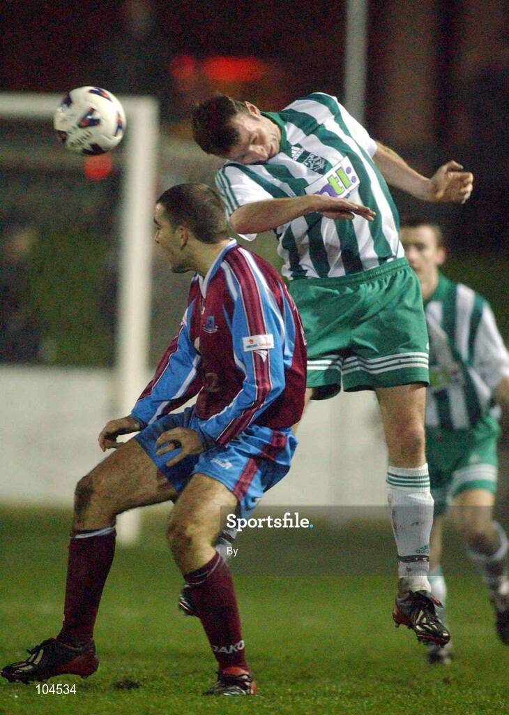 20 December 2002; Mick Doohan,  Bray Wanderers, in action against Andy Myler, Drogheda United. Bray Wanderers v Drogheda United, eircom League Premier Division, Carlisle Grounds, Bray, Co. Wicklow. Soccer. Picture credit; David Maher / SPORTSFILE *EDI*