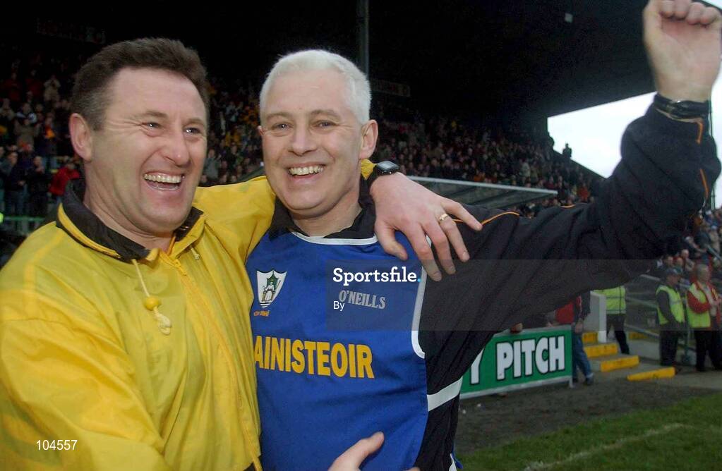 22 December 2002; Dunshaughlin manager Eamonn Barry, right, celebrates with Dunshaughlin selector T.P. Toolan after the game. Dunshaughlin v Mattock Rangers, Leinster Club Football Final, Pairc Tailteann, Navan, Co. Meath. Picture credit; Damien Eagers / SPORTSFILE *EDI*