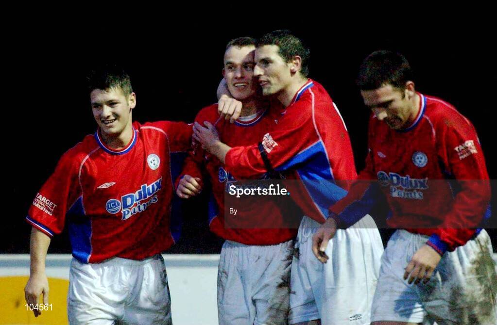 22 December 2002; Shelbourne's Mark Roberts, second from left, celebrates with team-mates Wesley Hoolihan, left, Jim Crawford and Stuart Byrne, right, after scoring his sides first goal. eircom League Premier Division, Shamrock Rovers v Shelbourne, Richmond Park, Dublin. Soccer. Picture credit; David Maher / SPORTSFILE *EDI*