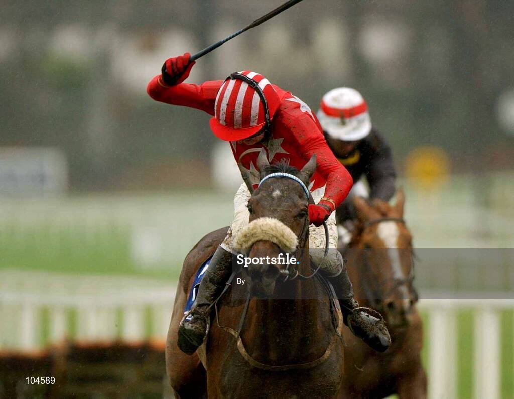 26 December 2002; Party Airs, with Barry Geraghty up, race on after jumping the last on their way to win The Denny Juvenile Hurdle, Leopardstown Racecourse, Foxrock, Co. Dublin. Horse Racing. Picture credit; Ray McManus / SPORTSFILE *EDI*