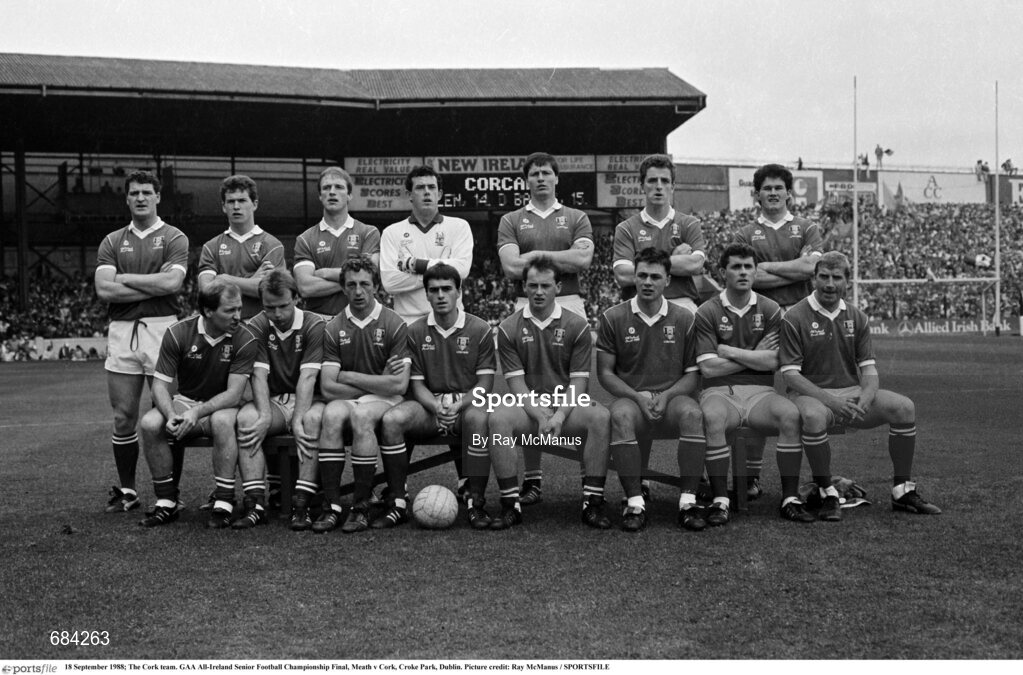 18 September 1988; The Cork team, back, from left, Colman Corrigan, Paul McGrath, Larry Tompkins, John Kerins, Shay Fahy, Barry Coffey and Denis Walsh, with, front, from left, Dave Barry, Teddy Mccarthy, Conor Counihan, Tony Nation, niall Cahalane, Tony Davis, Michael McCarthy and Dinny Allen before the GAA All-Ireland Senior Football Championship Final match between Meath and Cork at Croke Park, Dublin. Photo by Ray McManus/Sportsfile