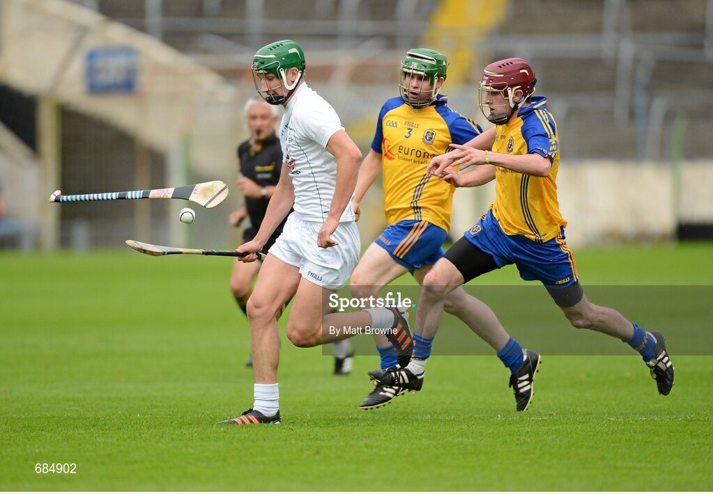 15 September 2012; Conor Kenny, Kildare, in action against Peter Kellahan, and Niall Keenan, right, Roscommon. Bord Gáis Energy GAA Hurling Under 21 All-Ireland 'B' Championship Final, Kildare v Roscommon, Semple Stadium, Thurles, Co. Tipperary. Picture credit: Matt Browne / SPORTSFILE
