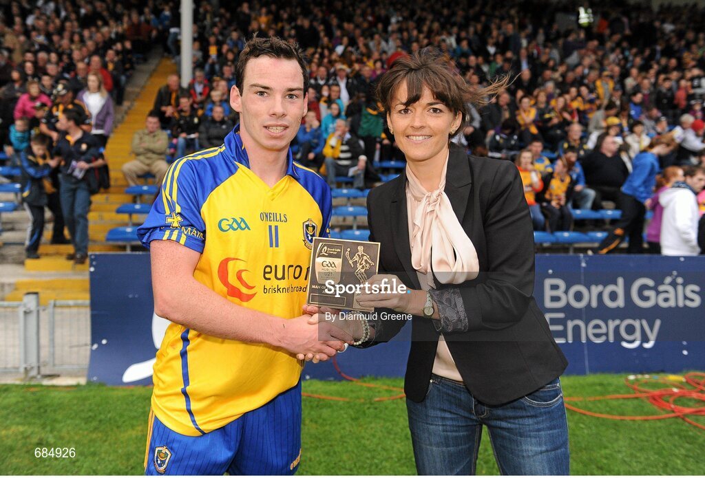 15 September 2012; Niall Kilroy, Roscommon, is presented with the Bord Gáis Energy Man of the Match award by Irene Gowing, Sponsorship Manager at Bord Gáis Energy. Bord Gáis Energy GAA Hurling Under 21 All-Ireland 'B' Championship Final, Kildare v Roscommon, Semple Stadium, Thurles, Co. Tipperary. Picture credit: Diarmuid Greene / SPORTSFILE