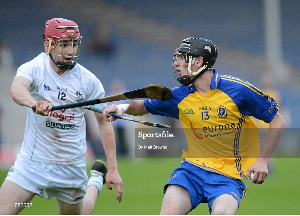 15 September 2012; Robbie Fallon, Roscommon, in action against Ross Kelly, Kildare. Bord Gáis Energy GAA Hurling Under 21 All-Ireland 'B' Championship Final, Kildare v Roscommon, Semple Stadium, Thurles, Co. Tipperary. Picture credit: Matt Browne / SPORTSFILE