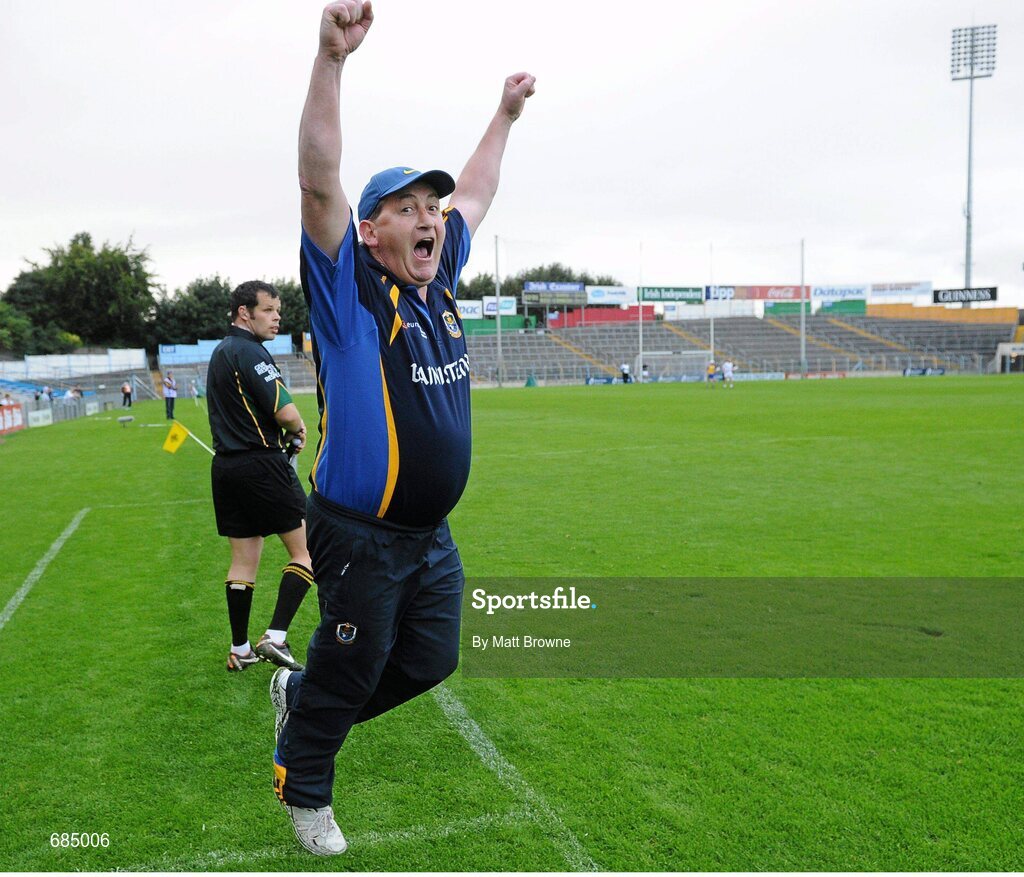 15 September 2012; Roscommon manager Seamus Qualter celebrates after the final whistle. Bord Gáis Energy GAA Hurling Under 21 All-Ireland 'B' Championship Final, Kildare v Roscommon, Semple Stadium, Thurles, Co. Tipperary. Picture credit: Matt Browne / SPORTSFILE