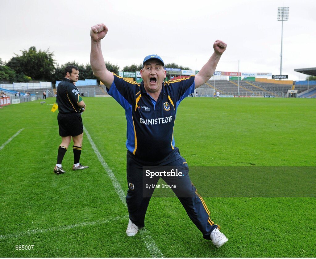 15 September 2012; Roscommon manager Seamus Qualter celebrates after the final whistle. Bord Gáis Energy GAA Hurling Under 21 All-Ireland 'B' Championship Final, Kildare v Roscommon, Semple Stadium, Thurles, Co. Tipperary. Picture credit: Matt Browne / SPORTSFILE