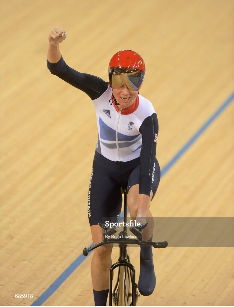 30 August 2012; Great Britain's Sarah Storey celebrates setting a new World Record time of 3:32.170 in the Women's Ind. C5 Pursuit. London 2012 Paralympic Games, Cycling, Velodrome, Olympic Park, Stratford, London, England. Picture credit: Brian Lawless / SPORTSFILE