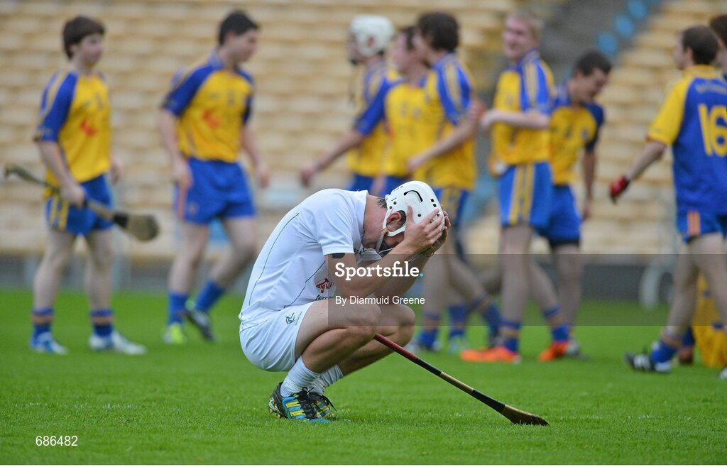 15 September 2012; Martin Fitzgerald, Kildare, shows his disappointment after defeat to Roscommon. Bord Gáis Energy GAA Hurling Under 21 All-Ireland 'B' Championship Final, Kildare v Roscommon, Semple Stadium, Thurles, Co. Tipperary. Picture credit: Diarmuid Greene / SPORTSFILE