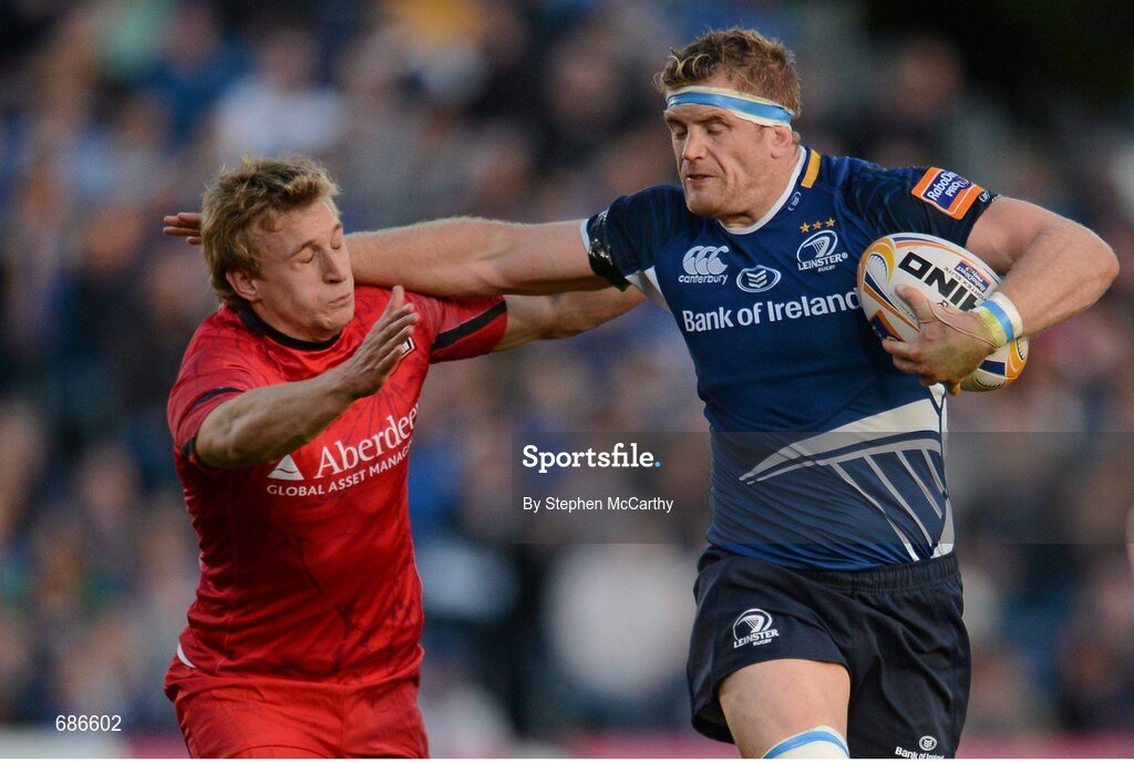 22 September 2012; Jamie Heaslip, Leinster, in action against Tom Brown, Edinburgh. Celtic League 2012/13, Round 4, Leinster v Edinburgh, RDS, Ballsbridge, Dublin. Picture credit: Stephen McCarthy / SPORTSFILE
