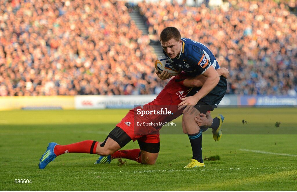 22 September 2012; Andrew Conway, Leinster, is tackled by Tom Brown, Edinburgh. Celtic League 2012/13, Round 4, Leinster v Edinburgh, RDS, Ballsbridge, Dublin. Picture credit: Stephen McCarthy / SPORTSFILE