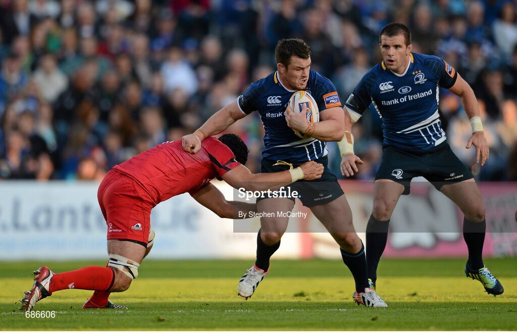 22 September 2012; Cian Healy, Leinster, is tackled by Sean Cox, Edinburgh. Celtic League 2012/13, Round 4, Leinster v Edinburgh, RDS, Ballsbridge, Dublin. Picture credit: Stephen McCarthy / SPORTSFILE