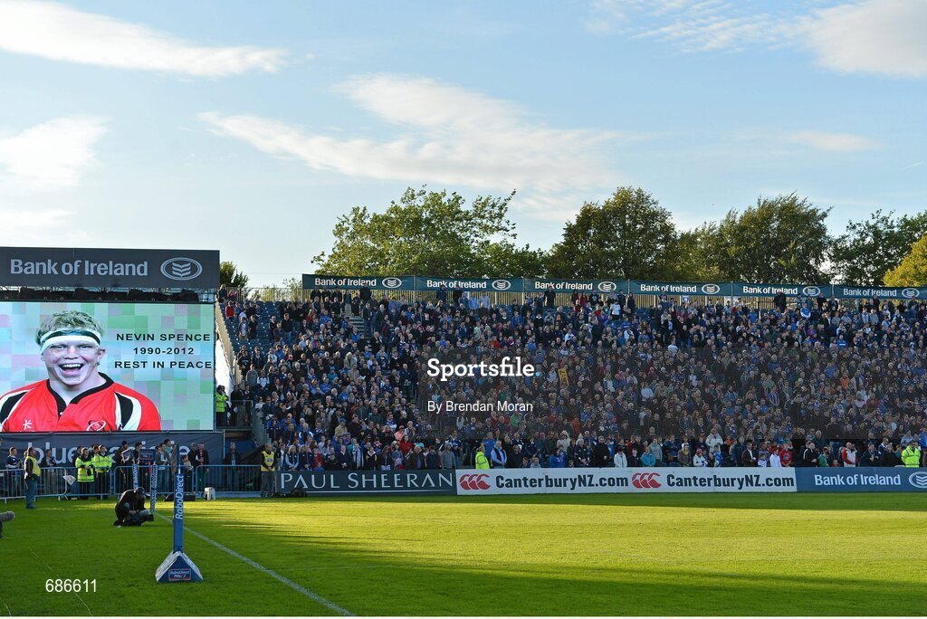 22 September 2012; A minute silence is held in memory of the late Ulster Rugby player Nevin Spence. Celtic League 2012/13, Round 4, Leinster v Edinburgh, RDS, Ballsbridge, Dublin. Picture credit: Brendan Moran / SPORTSFILE
