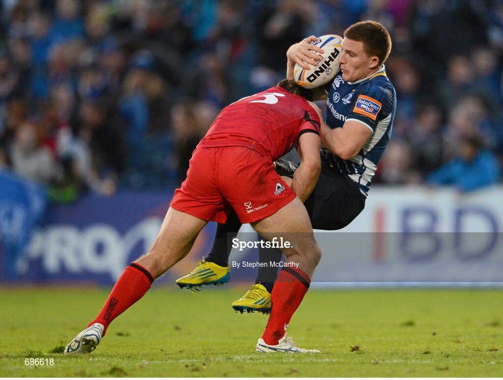 22 September 2012; Andrew Conway, Leinster, is tackled by Nick de Luca, Edinburgh. Celtic League 2012/13, Round 4, Leinster v Edinburgh, RDS, Ballsbridge, Dublin. Picture credit: Stephen McCarthy / SPORTSFILE