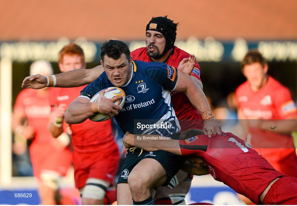 22 September 2012; Cian Healy, Leinster, is tackled by Sean Cox and Greig Tonks, right, Edinburgh. Celtic League 2012/13, Round 4, Leinster v Edinburgh, RDS, Ballsbridge, Dublin. Picture credit: Brendan Moran / SPORTSFILE