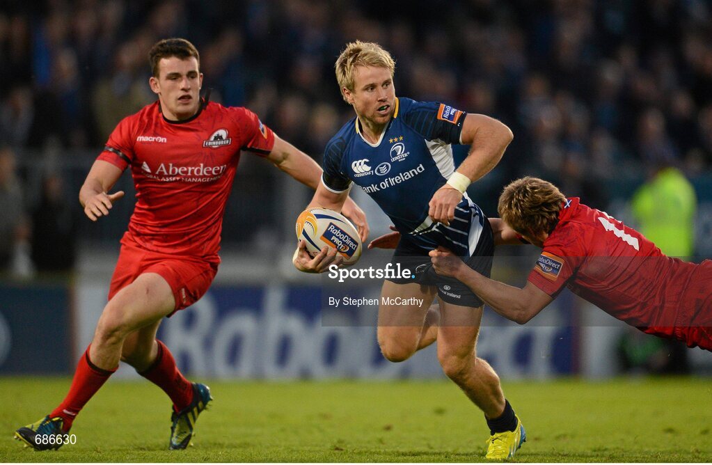 22 September 2012; Fionn Carr, Leinster, in action against Tom Brown, right, and Matt Scott, Edinburgh. Celtic League 2012/13, Round 4, Leinster v Edinburgh, RDS, Ballsbridge, Dublin. Picture credit: Stephen McCarthy / SPORTSFILE