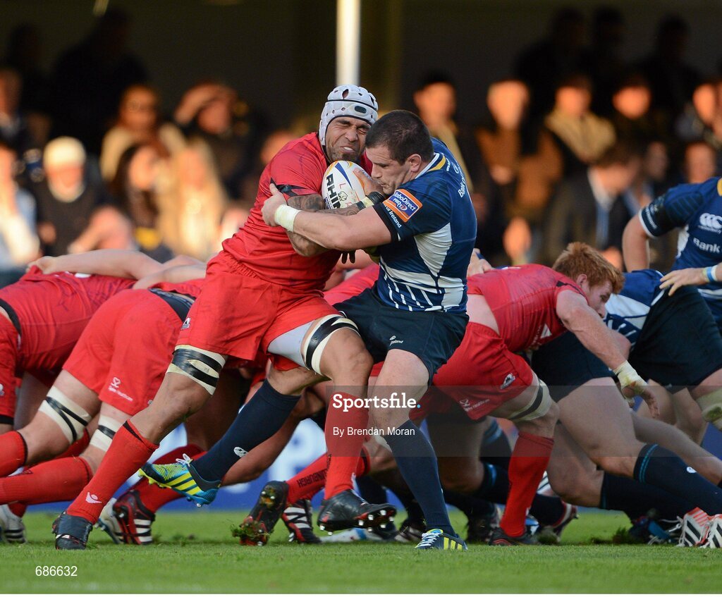22 September 2012; Netani Talei, Edinburgh, is tackled by Shane Jennings, Leinster. Celtic League 2012/13, Round 4, Leinster v Edinburgh, RDS, Ballsbridge, Dublin. Picture credit: Brendan Moran / SPORTSFILE