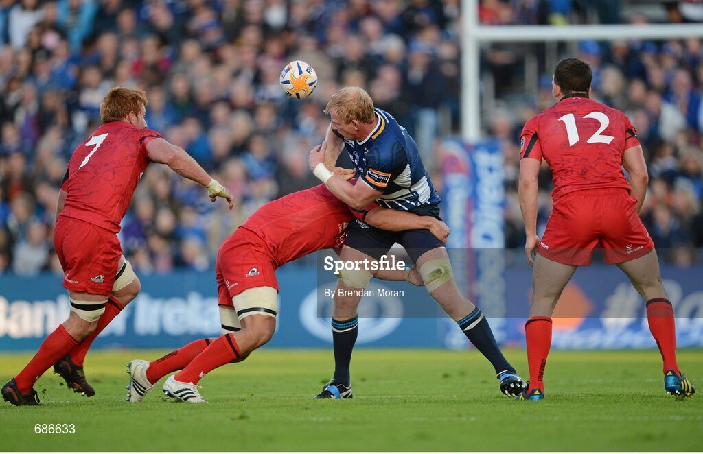 22 September 2012; Leo Cullen, Leinster, is tackled by Stuart McInally, Edinburgh. Celtic League 2012/13, Round 4, Leinster v Edinburgh, RDS, Ballsbridge, Dublin. Picture credit: Brendan Moran / SPORTSFILE