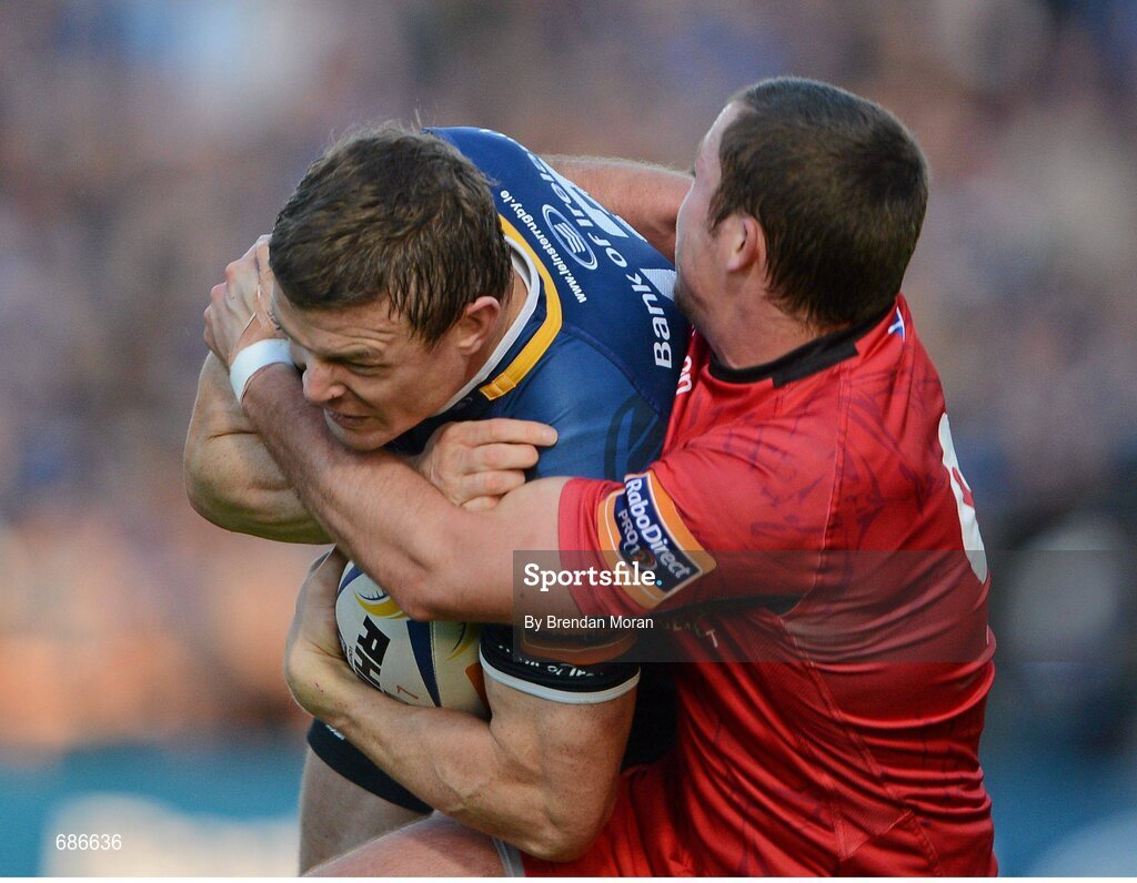 22 September 2012; Brian O'Driscoll, Leinster, is tackled by Richie Rees, Edinburgh. Celtic League 2012/13, Round 4, Leinster v Edinburgh, RDS, Ballsbridge, Dublin. Picture credit: Brendan Moran / SPORTSFILE