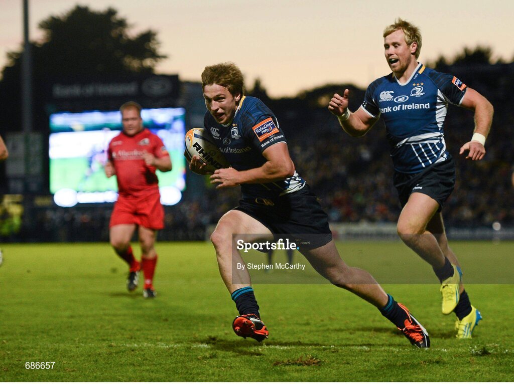 22 September 2012; Brendan Macken, Leinster, goes over for his side's third try. Celtic League 2012/13, Round 4, Leinster v Edinburgh, RDS, Ballsbridge, Dublin. Picture credit: Stephen McCarthy / SPORTSFILE