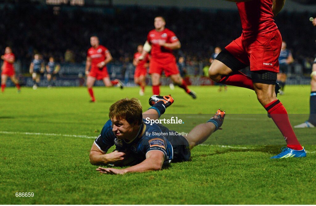 22 September 2012; Brendan Macken, Leinster, goes over for his side's third try. Celtic League 2012/13, Round 4, Leinster v Edinburgh, RDS, Ballsbridge, Dublin. Picture credit: Stephen McCarthy / SPORTSFILE