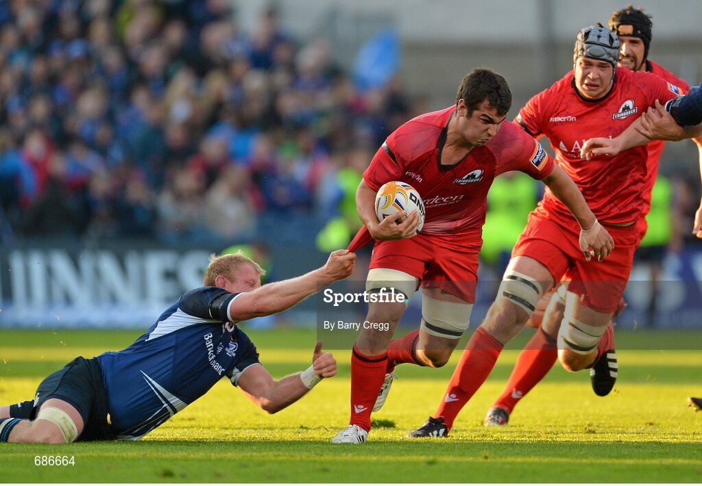 22 September 2012; Stuart McInally, Edinburgh, is tackled by Leo Cullen, Leinster. Celtic League 2012/13, Round 4, Leinster v Edinburgh, RDS, Ballsbridge, Dublin. Picture credit: Barry Cregg / SPORTSFILE