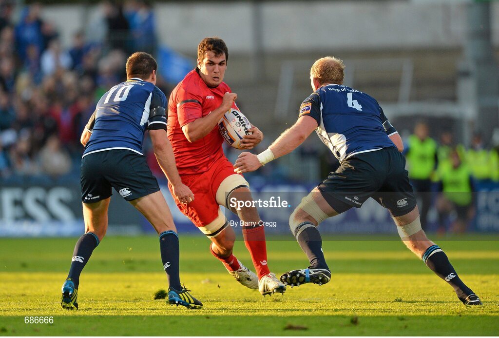 22 September 2012; Stuart McInally, Edinburgh, in action against Jonathan Sexton, left, and Leo Cullen, Leinster. Celtic League 2012/13, Round 4, Leinster v Edinburgh, RDS, Ballsbridge, Dublin. Picture credit: Barry Cregg / SPORTSFILE